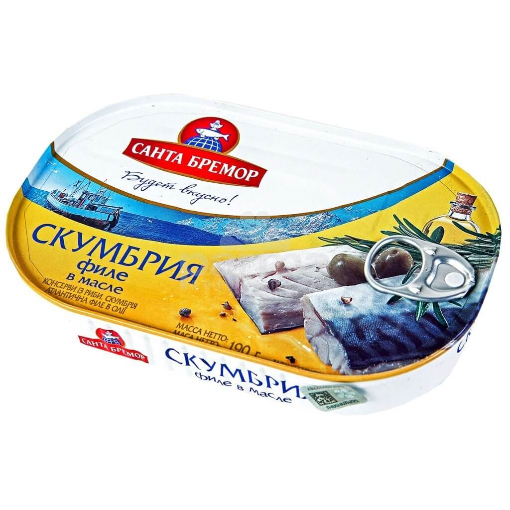 Скумбрия в масле филе Санта Бремор 190 г - купить Рыбные консервы Санта ...