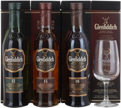 Виски Glenfiddich, gift set with 3 bottles (12 YO, 15 YO, 18 YO) & glass, 200 мл - Фото 1