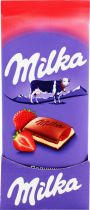 Упаковка шоколада Milka с клубникой и кремом 90 г х 28 шт Упаковка шоколада Milka с клубникой и кремом 90 г х 28 шт