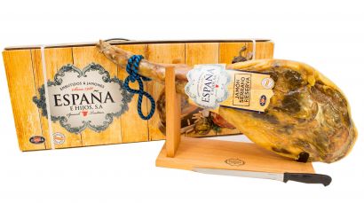 Хамон Espana Серрано Резерва на кости в подарочной упаковке + хамонера + нож, 14 месяцев выдержки 6.5 кг - Фото 1