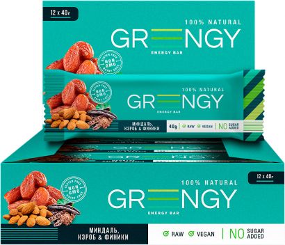 Упаковка батончиков Greengy Финики, Миндаль и Кэроб 12 шт х 40 г - Фото 1