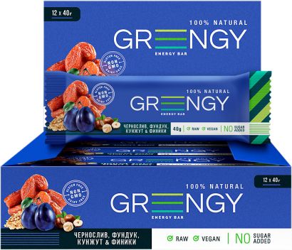 Упаковка батончиков Greengy Финики, Чернослив, Фундук и Кунжут 12 шт х 40 г - Фото 1