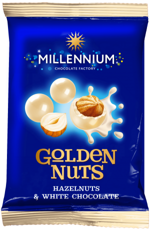 Упаковка драже Millennium Golden Nuts фундук в белом шоколаде 50 г х 40 шт
