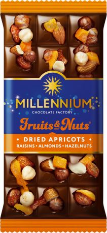 Шоколад Millennium Fruits&Nuts молочный с миндалем, цельным лесным орехом, курагой и изюмом 80 г