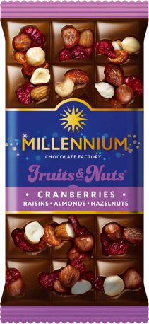 Шоколад Millennium Fruits&Nuts молочный с миндалем, цельным лесным орехом, клюквой и изюмом 80 г
